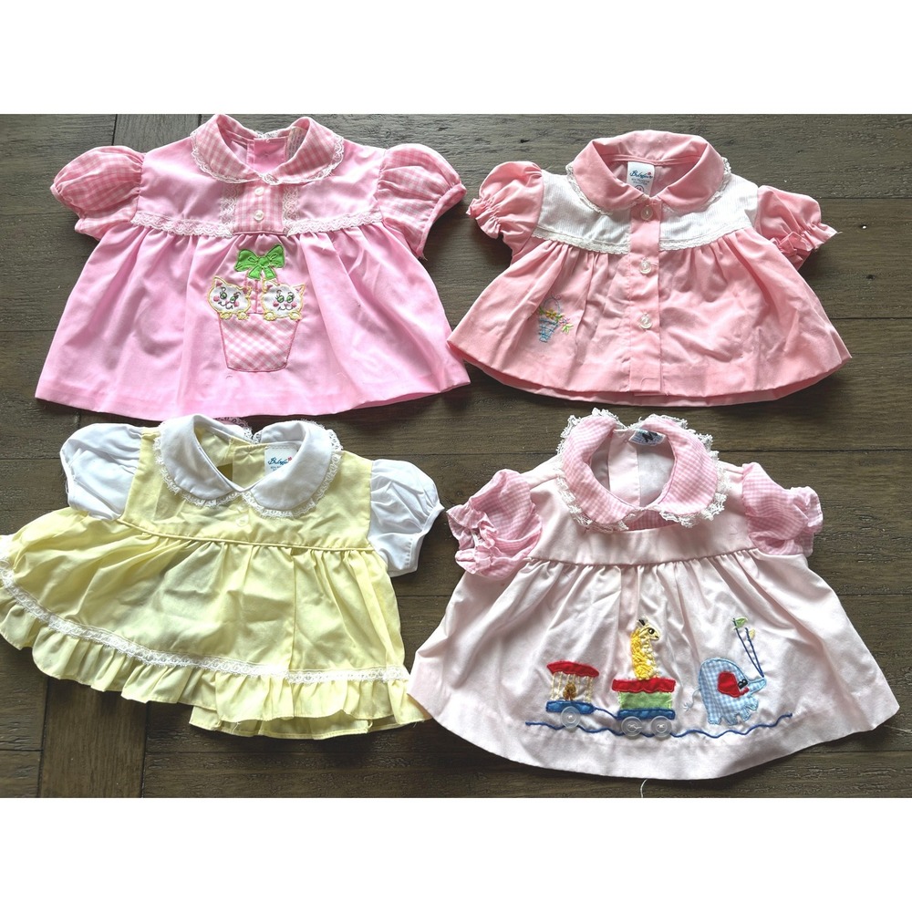 Vtg Baby Girl Smock Tops Diaper Shirts Lot of 4 Infant 0-6M Babyfair Embroidered